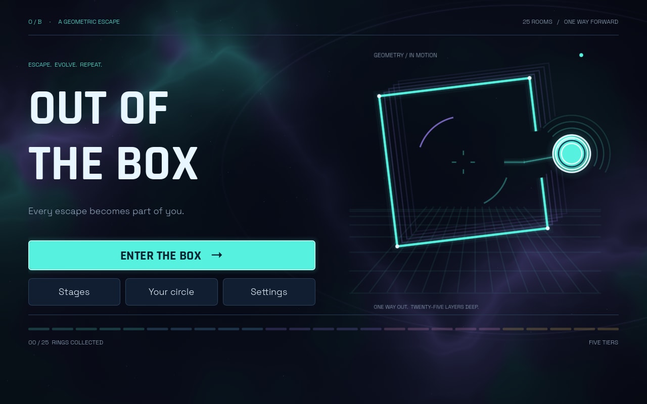 The title screen: OUT OF THE BOX in tall letters beside a tilted neon box with a circle leaving it, above buttons reading Enter the box, Stages, Your circle and Settings.