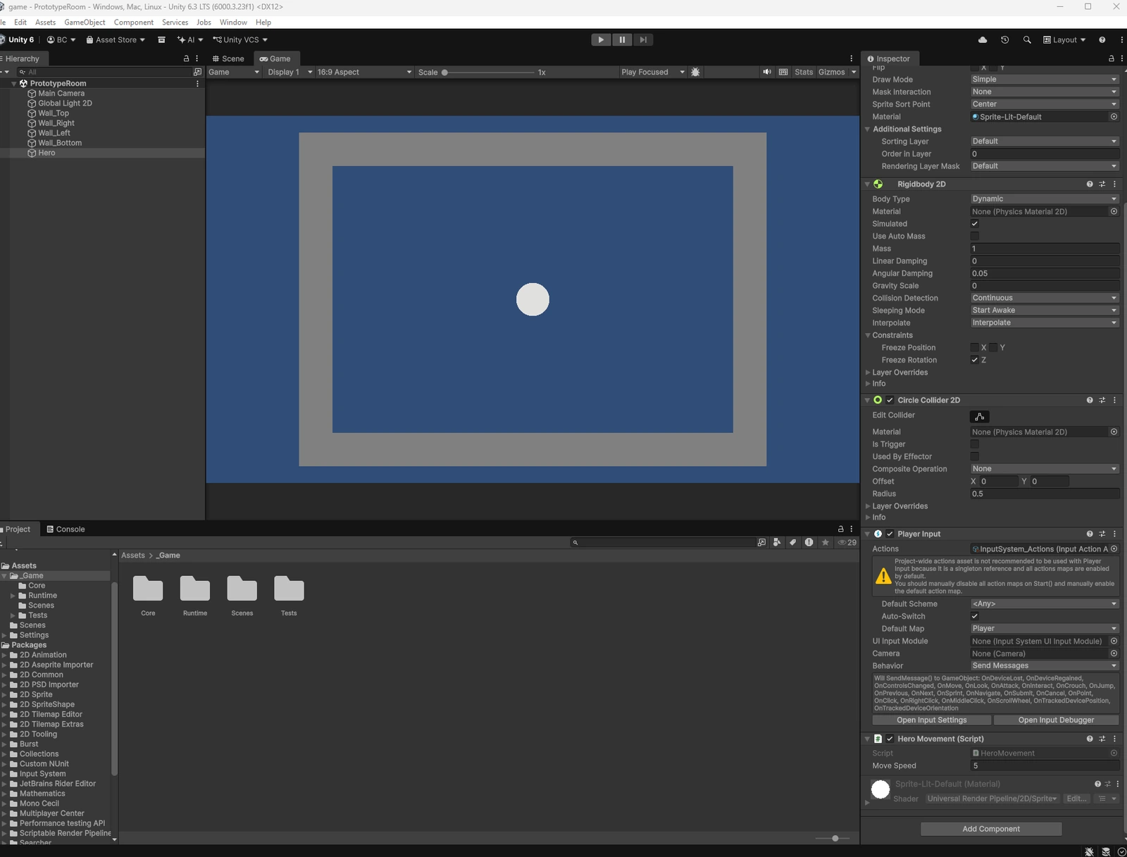 The Unity editor showing the PrototypeRoom scene: a hierarchy with four walls and a hero, the game view with the grey room, and the inspector showing the hero's physics body, collider, input component and movement script.