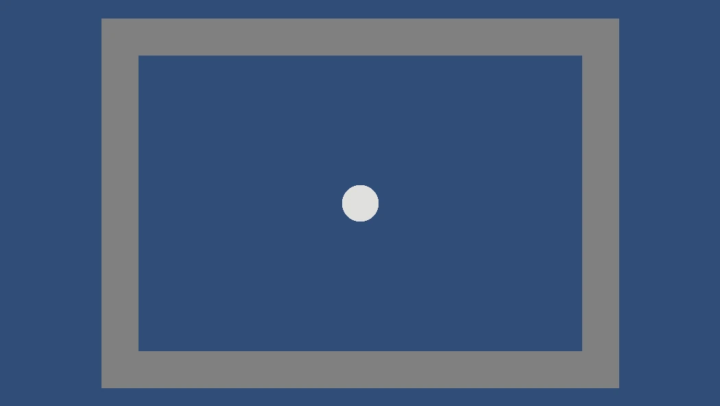 A prototype room in the Unity game view: four grey walls around a blue floor with a white circle in the middle.