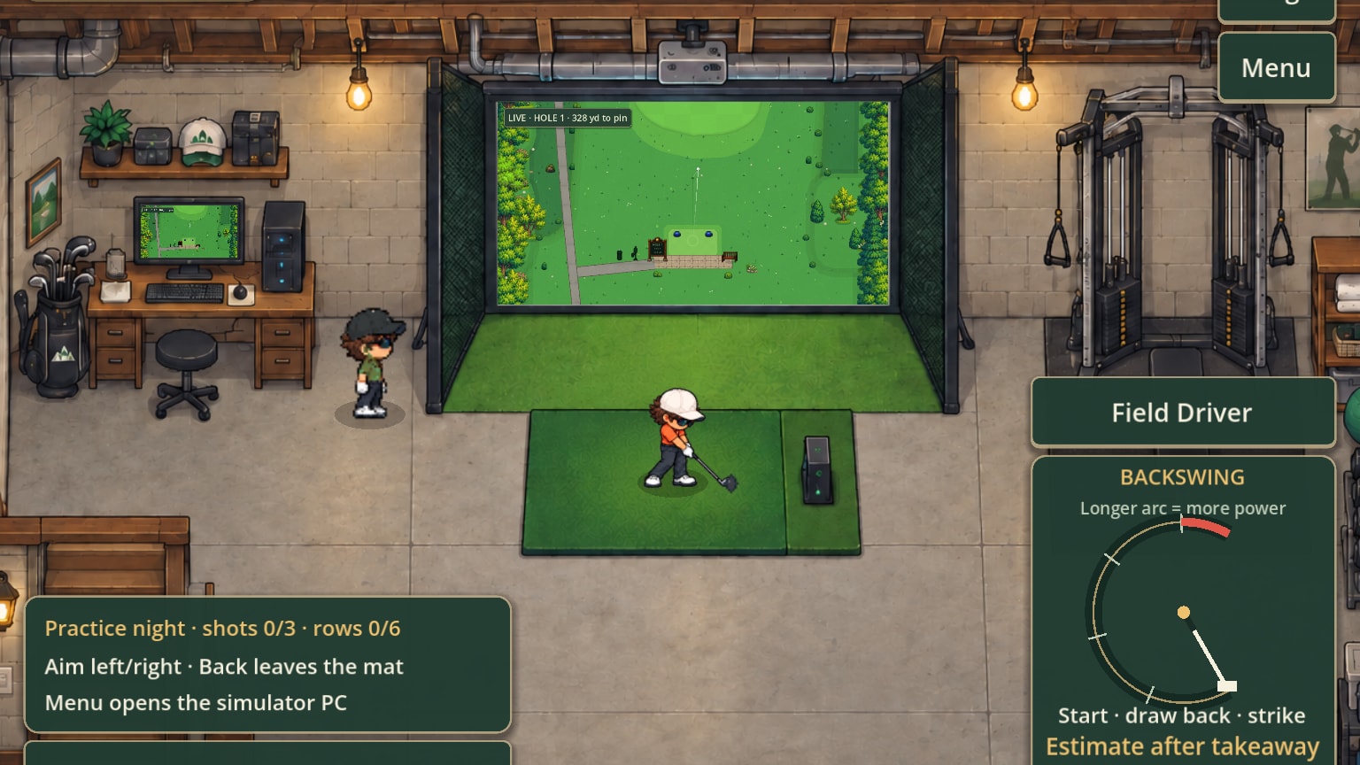 The golfer hitting a driver on the simulator mat while the impact screen shows the shot flying down a fairway.