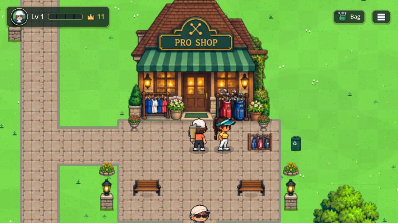 The Pro Shop at the club: a timber building with a green striped awning, racks of clubs and shirts outside, and members on the paved terrace in front of it.