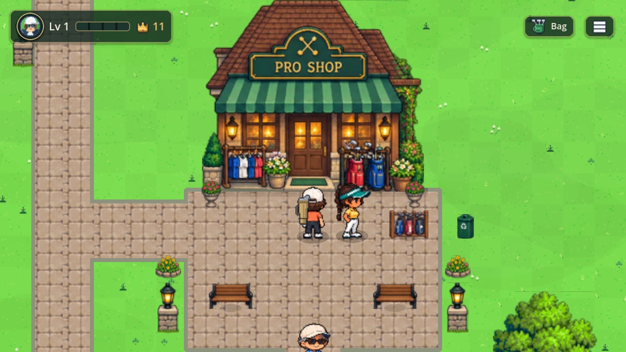 The Pro Shop at the club: a timber building with a green striped awning, racks of clubs and shirts outside, and members on the paved terrace in front of it.