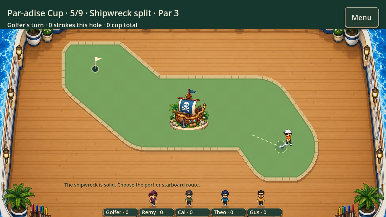 Mini golf on the ship, hole 5, Shipwreck split: a lane around a little pirate ship.