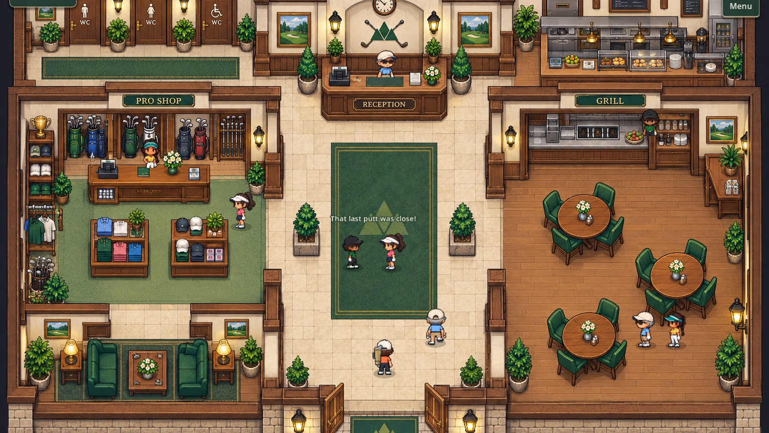 Inside the clubhouse from above: the Pro Shop's racks on the left, the reception desk at the back, the Grill's tables on the right, and members chatting in the middle.