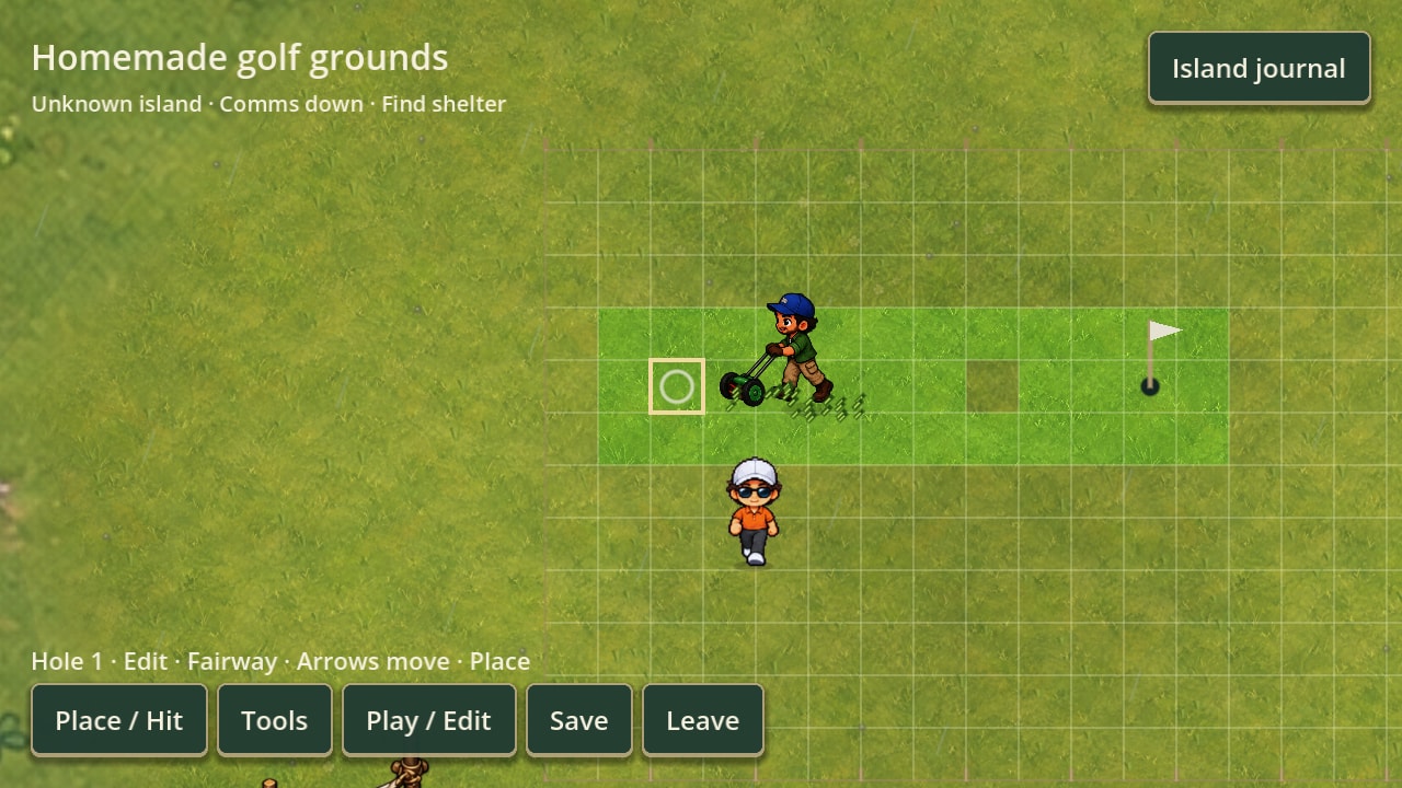 The course editor running in the meadow itself: a grid overlaid on the grass, a tee and cup marked, and tool buttons along the bottom.