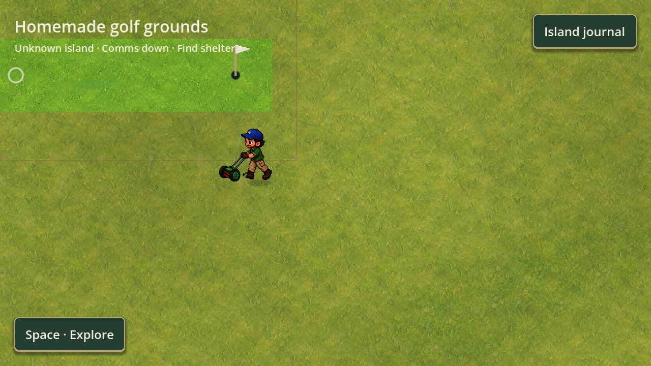 A groundskeeper pushing a manual reel mower across the meadow, leaving a lighter cut strip behind.