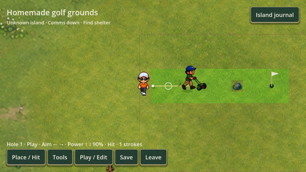 A golfer addressing a ball on a mown strip of meadow, with a flag ahead of them and forest around the clearing.