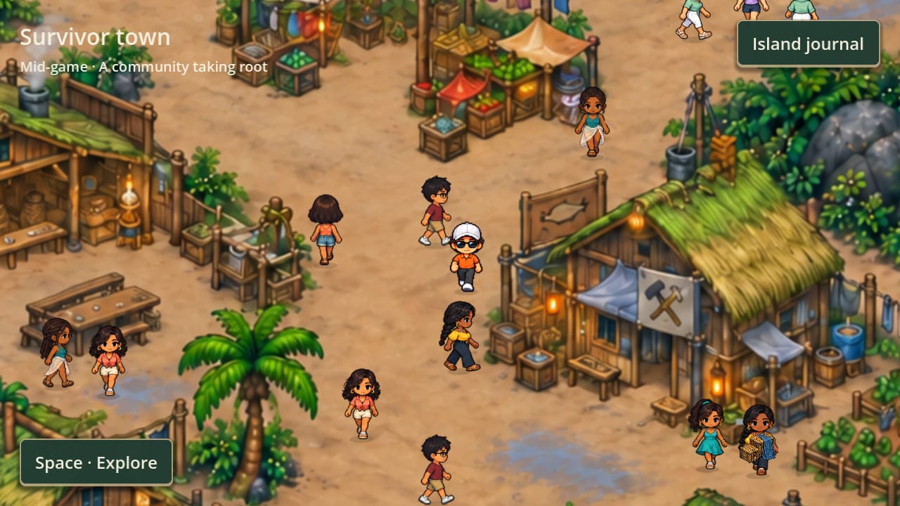A survivor town of thatched timber buildings with market stalls, a workshop and residents walking between them.