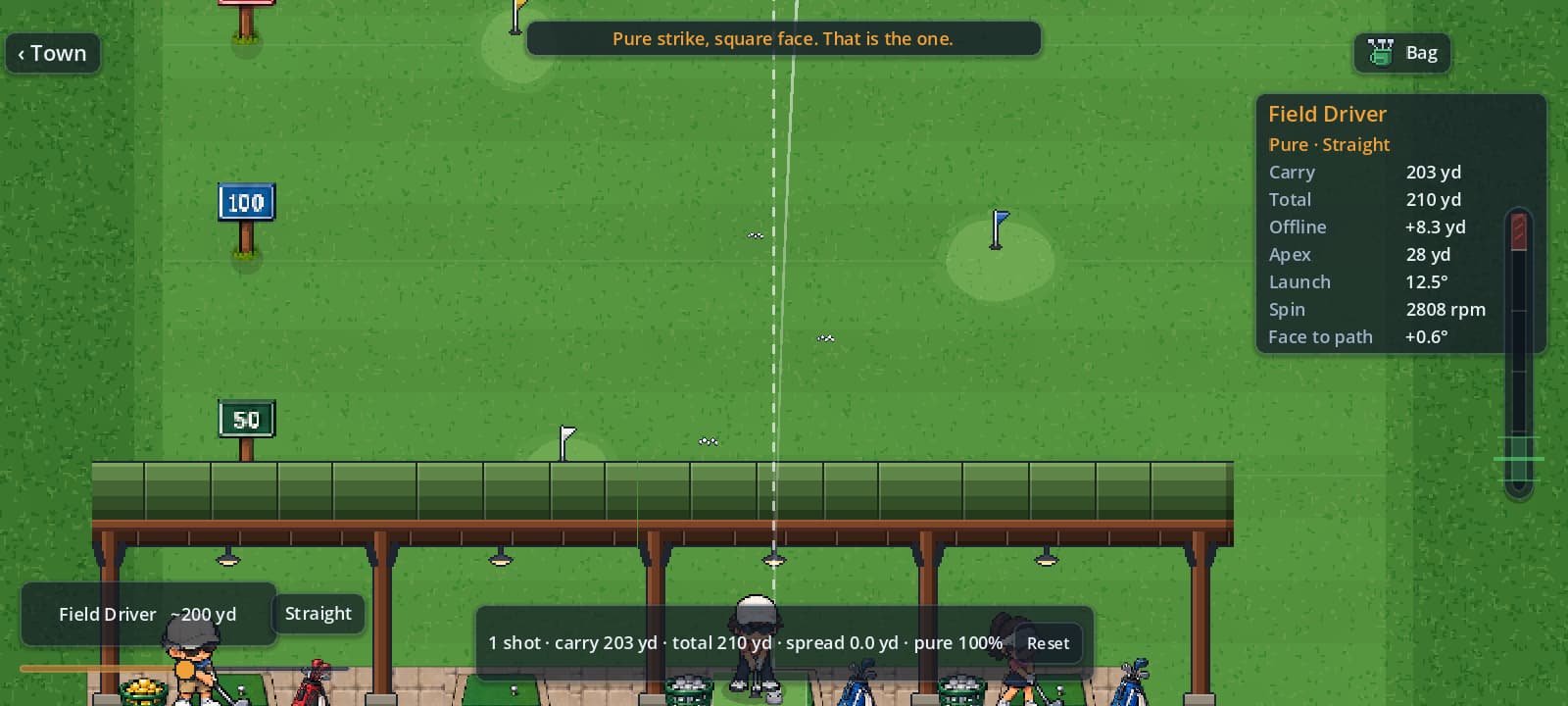 The range readout after a shot, listing carry, total, apex, launch, spin and face-to-path.