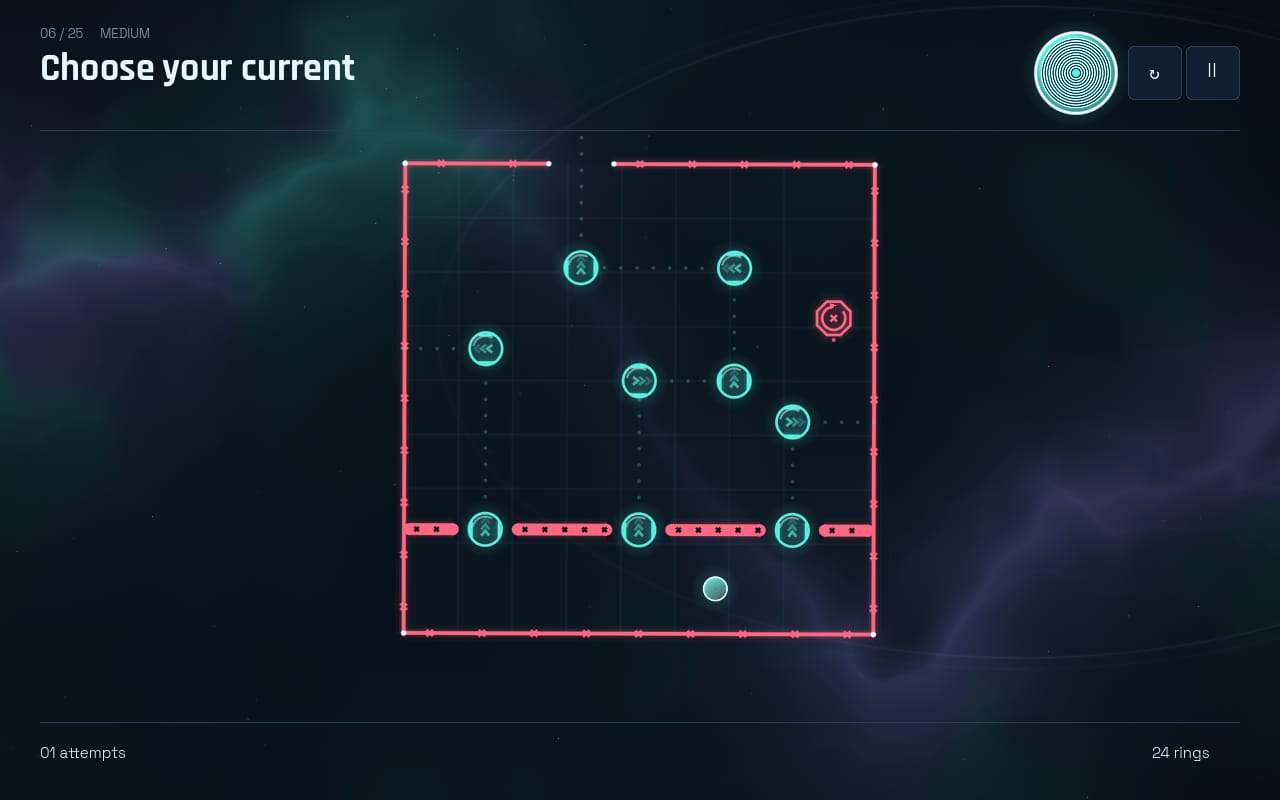 A neon arena with three launch lanes divided by barred lethal walls, pads and dotted arrows showing where each lane leads, and the player circle waiting at the bottom.