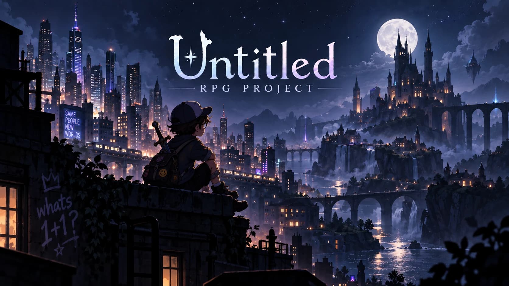 Key art: a kid in a baseball cap and glasses, backpack on and a sword across their back, sits on a rooftop wall at night. To the left a modern city glows with neon; to the right a fantasy castle rises under a full moon above waterfalls and bridges. The title reads Untitled RPG Project.